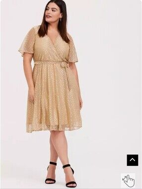 Torrid NEW Plus Size 2x: Gold Metallic Polka Dot Mesh Wrap Dress